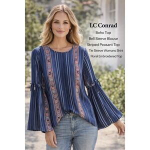 LC Lauren Conrad Blue Striped Cottage Core Top Women's Size XL Prairie Boho